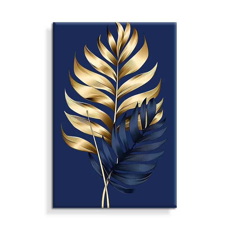 Gold Blue Leaves with Blue Background Abstract Wall Art Painting on Canvas 60x90cm for Indoor Decor