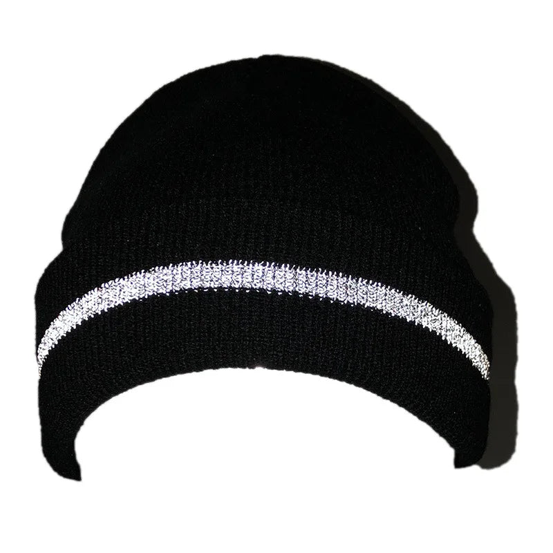 Newly Released Wholesale Reflective Stripes Knitted Beanie Hat for Outdoor Sports Winter with Custom Logo and Cartoon Pattern