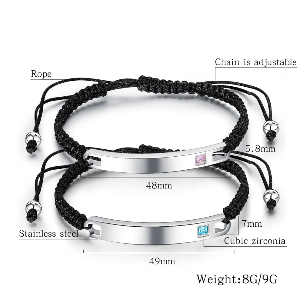 Hot Selling Custom Name Logo Friendship Handmade Woven Rope Adjustable Stainless Steel Zircon Charm Geometric Design Bracelet