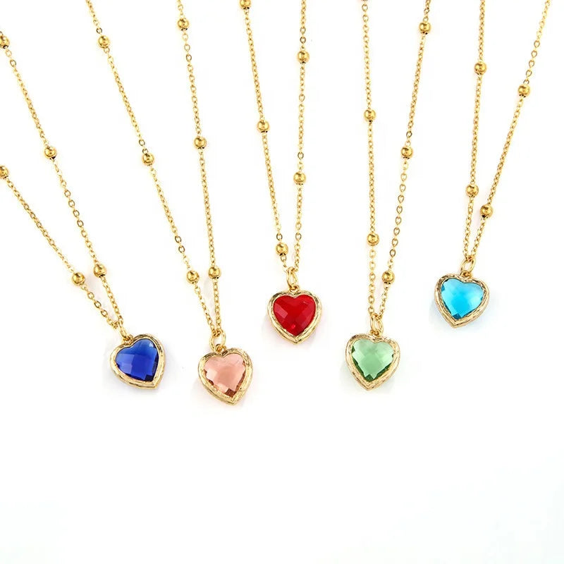 Stainless Steel Chain With Multi 18K Gold Plated Beads Love Heart Shape Colorful Gemstone Pendant Luxury Necklace