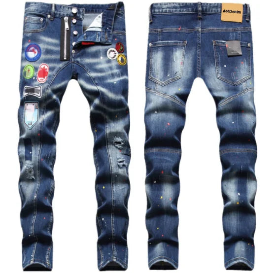 AeeDenim OEM ODM logo Badge Embroidery Elastic Hole Patch Zipper Decoration Hand-painted Small Straight Hip Hop Mid Waist Jeans