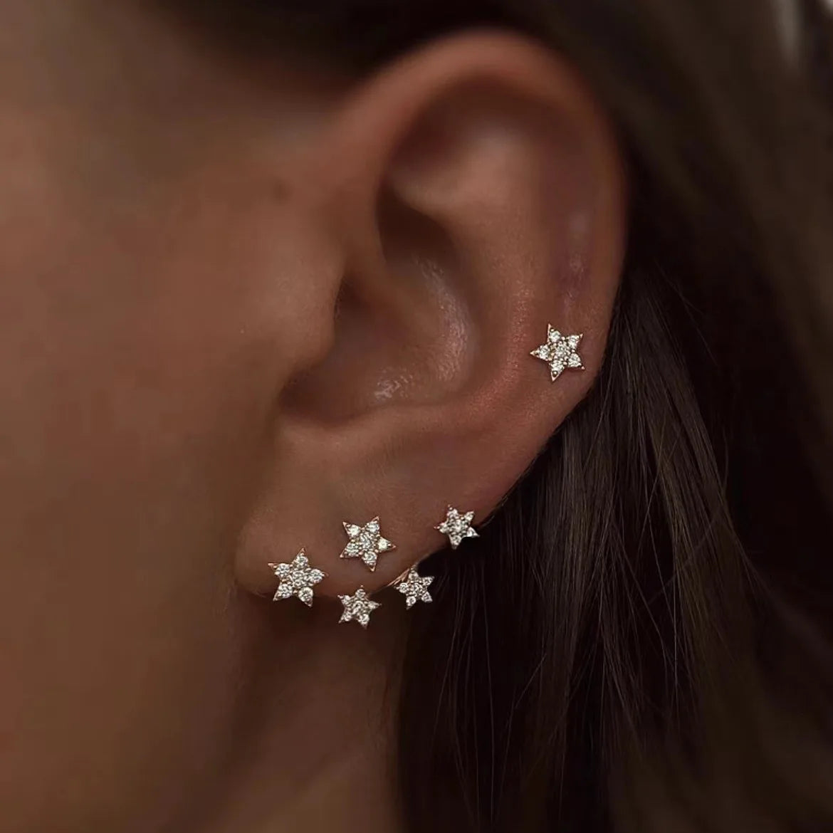 14K Gold Plated 925 Sterling Silver Cubic Zirconia Clip on Piercing Five Stars Earrings Double Use Earring