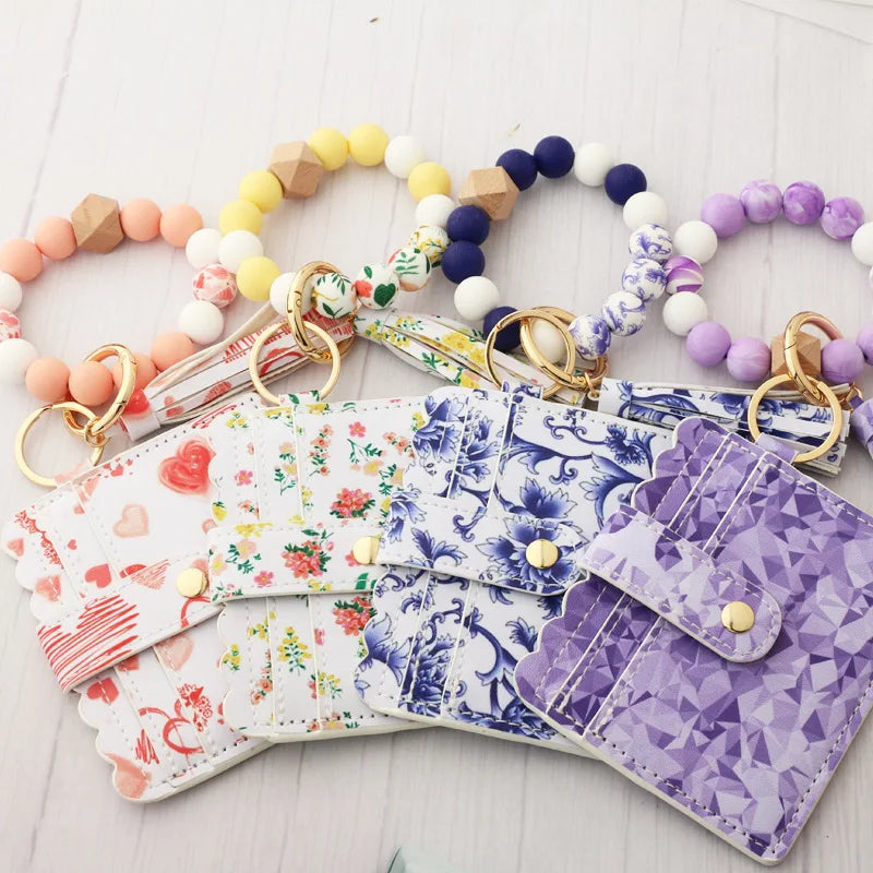 Good Quality Silicone Beads Bracelet Floral Card Holder Keychain Wallet With Wristlet Bangle Bracelet