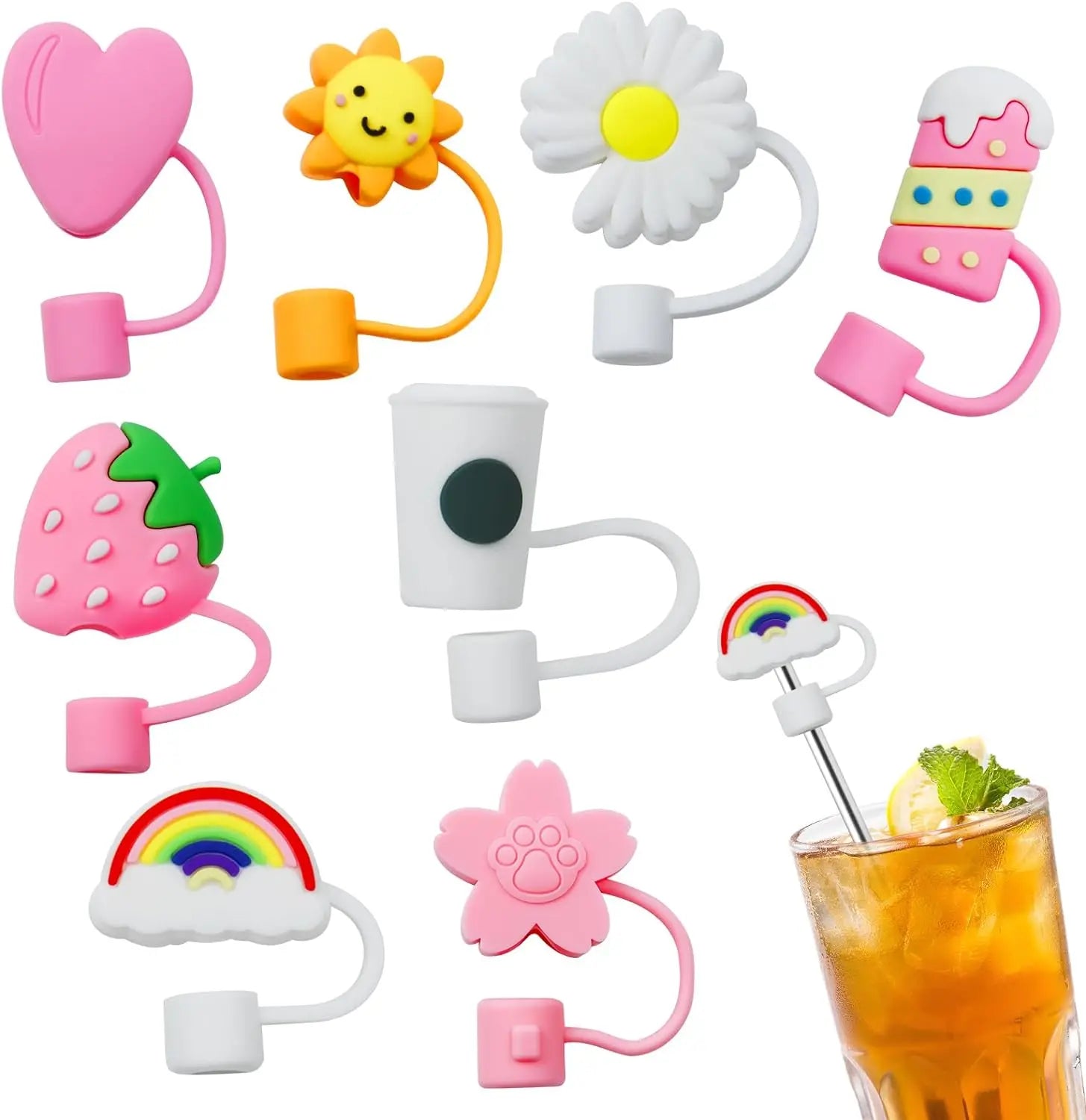 Dustproof Cute Cartoon Straw Covers Cap Silicone Straw Tips Cover Reusable Eco-Friendly for Tumblers 6-8mm Plugs