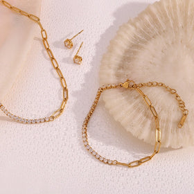 2024 Trending Vintage Luxury 18K Gold Plated Stainless Steel Zircon Paper Clip Chain Necklace Earrings Bracelet Wedding Party