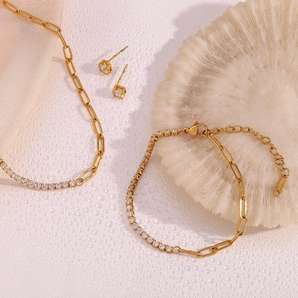 2024 Trending Vintage Luxury 18K Gold Plated Stainless Steel Zircon Paper Clip Chain Necklace Earrings Bracelet Wedding Party