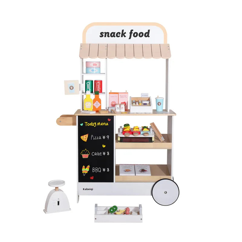 Children Wooden Role Play Snack Cart Kitchen Set Educational Pretend Supermarket Shopping Car Toys for Kids