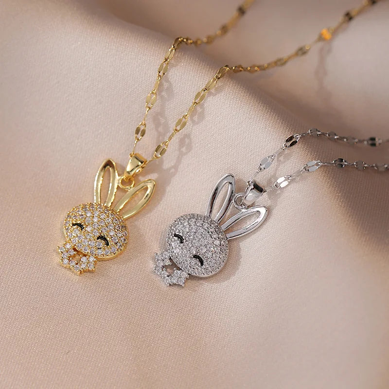 AA016251 Zircon Rabbit Full Diamond Copper Electroplated Gold Titanium Steel Necklace