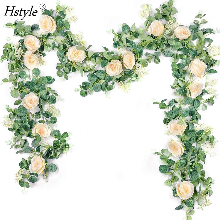 1 Pack 6.5Ft Artificial Eucalyptus Flower Garland with Silk Rose Flower Vine Seeded Eucalyptus Leaves Greenery FZH355