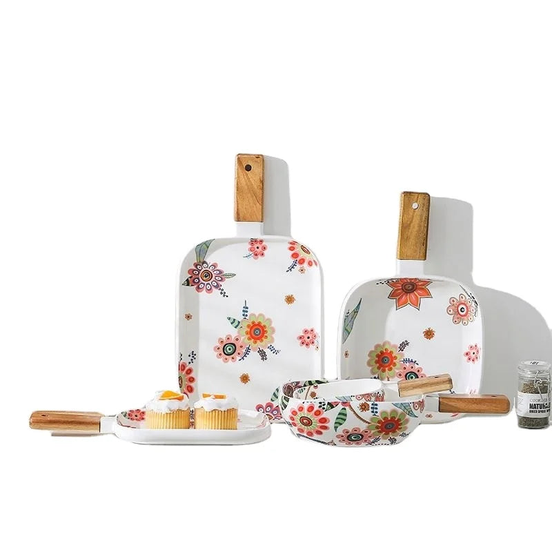 Mfashion Nordic Hand Painted Underglaze Ceramic Plate with Wood Handle Steak Snack Tray Creative Fruit Dishes CNLF