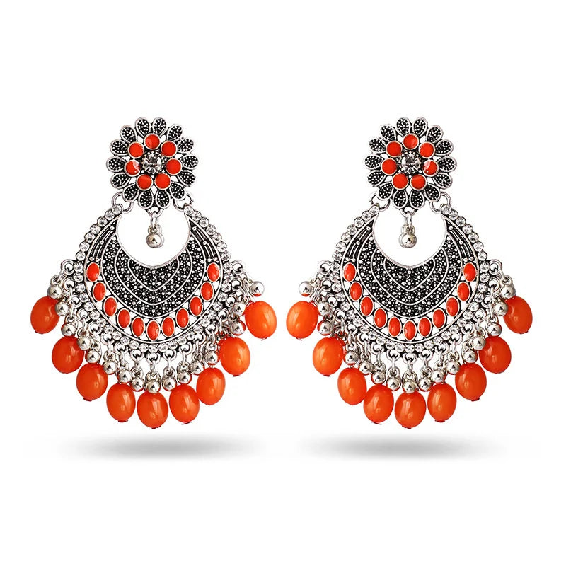 2023 Wholesale Vintage Jewelry Antique Silver Orange Beaded Dangling Earring Mirror Earrings Women Retro Boho Jewelries Women