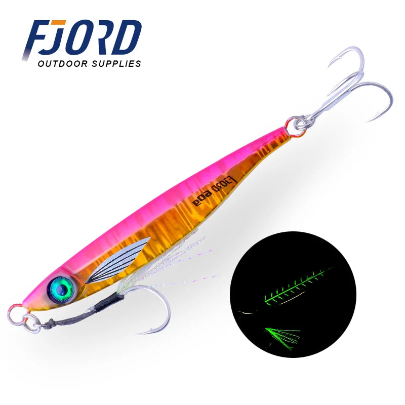 FJORD Hot Sale UV 40g 60g Glow Metal Fast Jig Lure Saltwater Fishing Lures Treble Hook Casting MetalJig