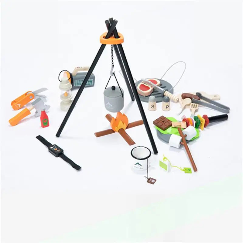 New 45 PCS Solid Wooden BBQ Campfire Play Pretend Toys Fun DIY Campfire Games for Kids and Parents Barbecue Camping Toys