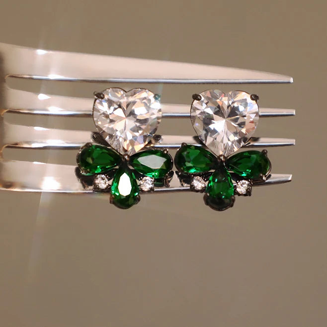 CAOSHI Romantic Hearth CZ White and Emerald Crystal Heart Drop Earrings Silver Sweet Lovely Earrings for Women