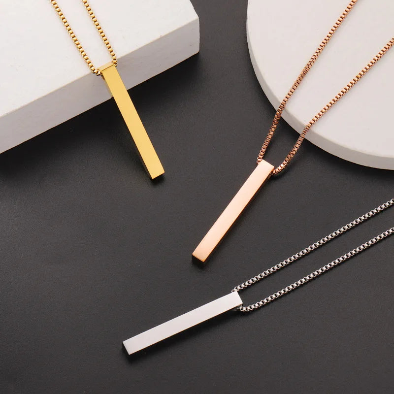 VKME Simple Rectangular Column Titanium Steel Custom Personalized Vertical Blank Bar Necklace Engraved Name Necklace