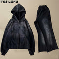 Custom Logo Men Tracksuit Unisex Jogger Set Vintage Zip up Hoodies and Flare Sweatpants Set Acid Wash Sweatsuits Men
