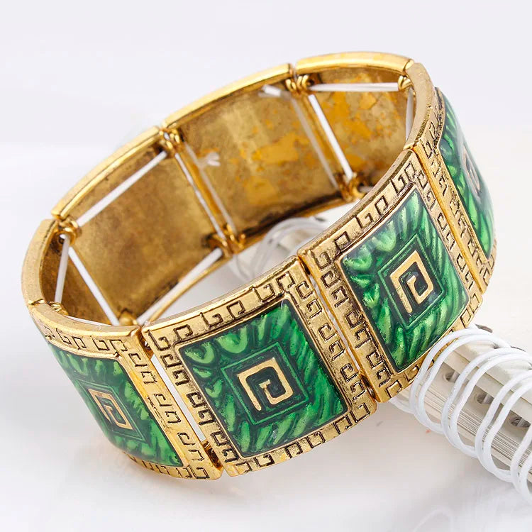 BS238 Fashion Geometric Enamel Bangle Women Alloy Antique Gold Plated Elastic Bracelet