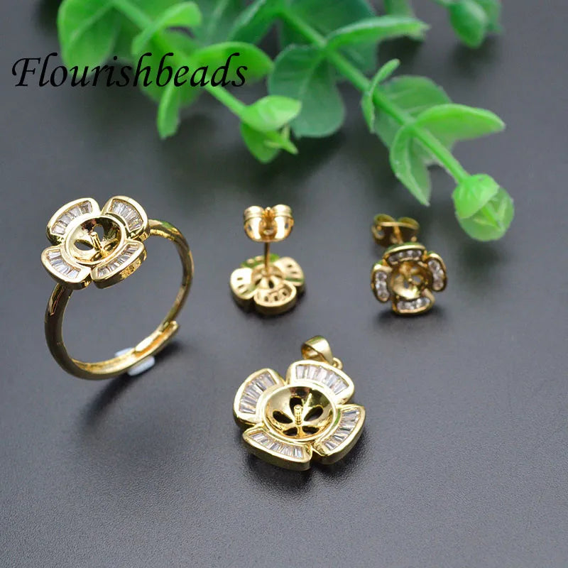 18K Gold Plated Brass Heart CZ Claw Setting Flower Pendant Earring Ring Set for DIY Jewelry