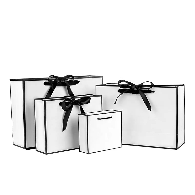 Customized LOGO High-End Ribbon Hand Bag Black and White with Black Edge for Shopping Gift Packaging Clothing Storage