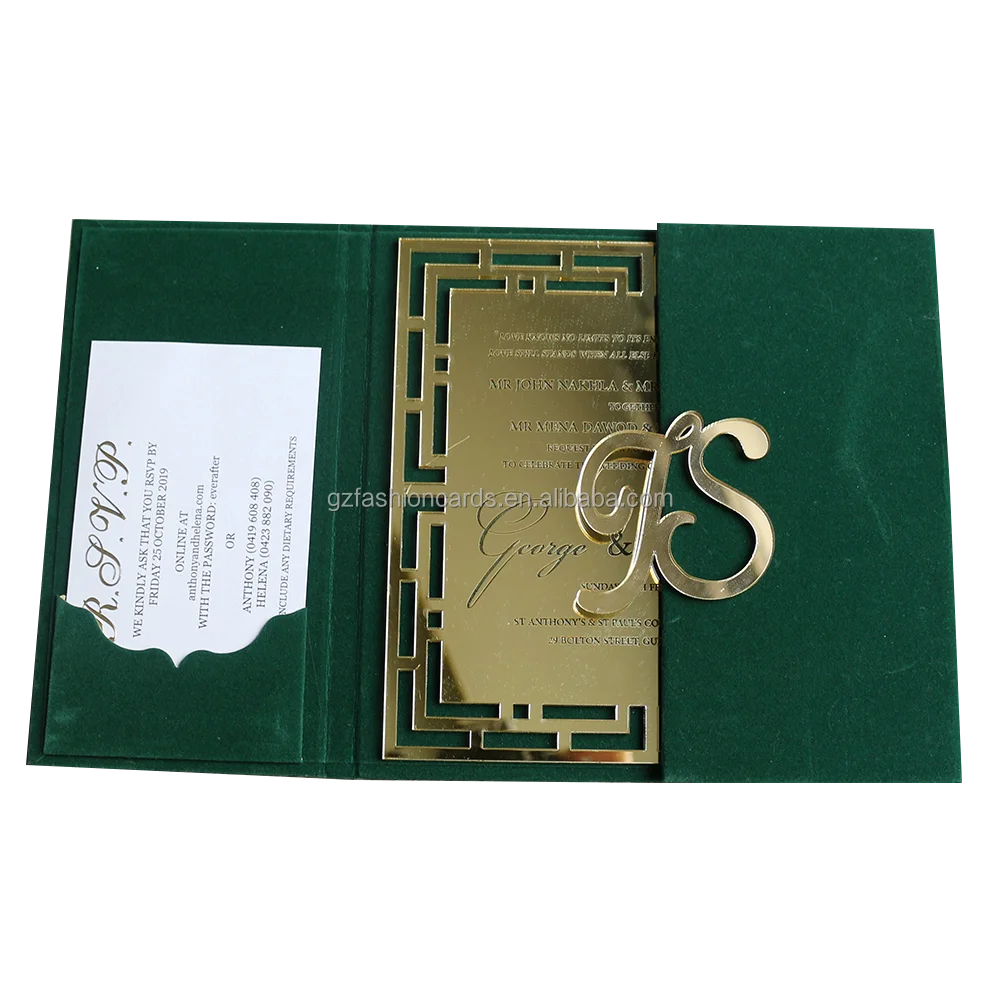 China Factory Custom Invitation Gate Fold Hardcover Wedding Invitation Cards Luxury and Dark Green Suede Hardcover Invitations