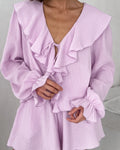 Enyami Purple Cotton Pajamas Two-piece Set Cardigan Long Sleeves Home Clothes Ruffles Trousers Women's Set
