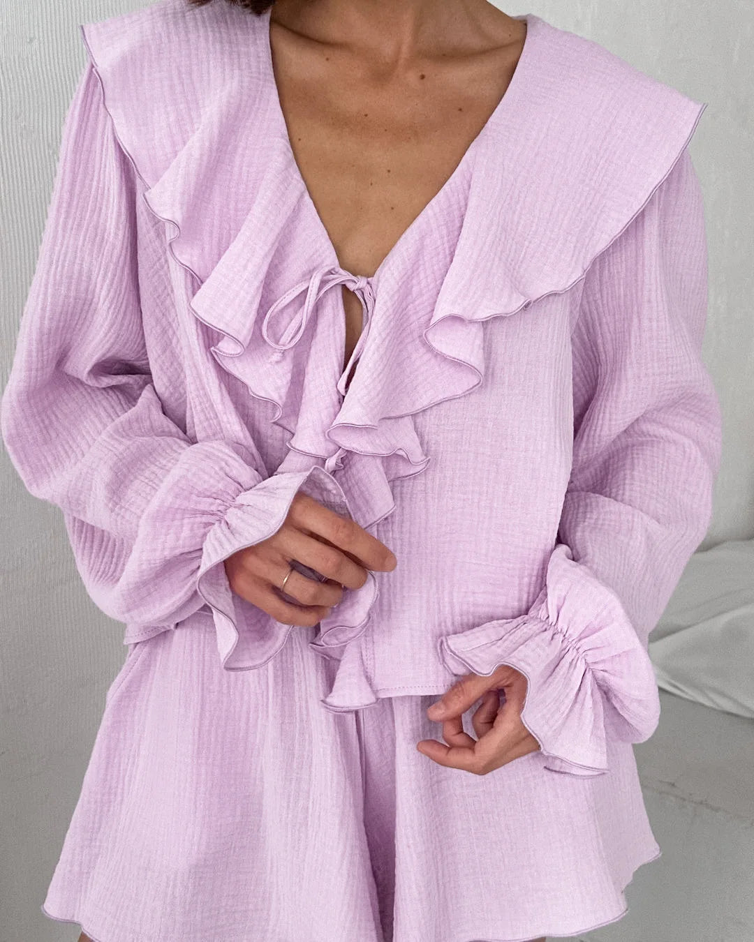 Enyami Purple Cotton Pajamas Two-piece Set Cardigan Long Sleeves Home Clothes Ruffles Trousers Women's Set