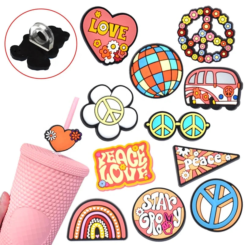 Straw Toppers Charms Hippie Groovy Peace love butterfly Straw Cover Toppers Charms