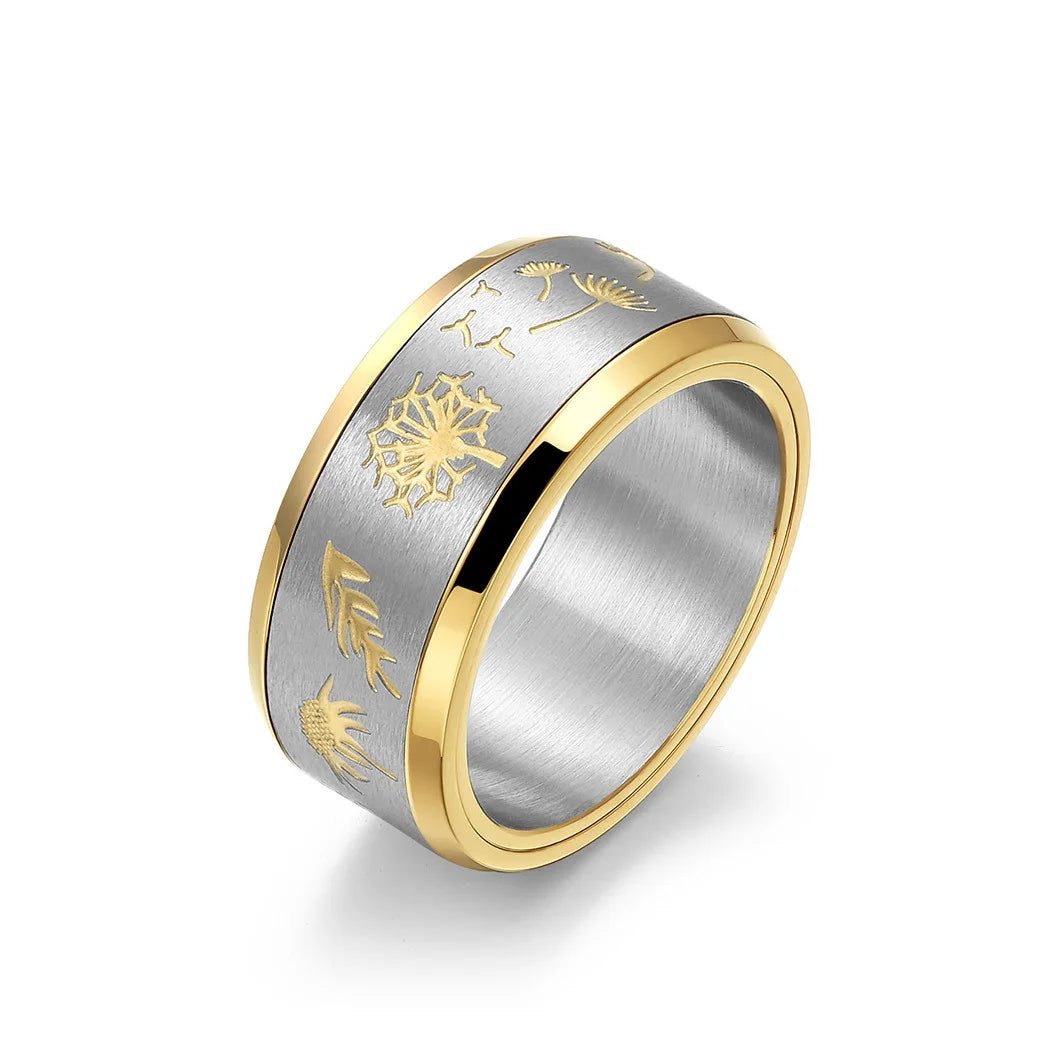 Mens High Polishing Titanium Steel Anxiety Spinner Rings 18K Gold Plating Stainless Steel Dandelion Finger Ring