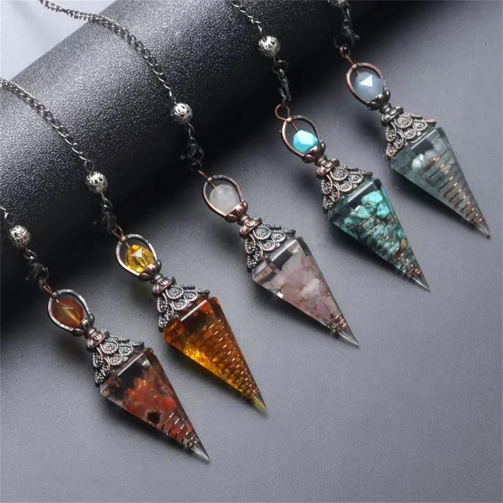 Natural Six-Color Quartz Amethyst Resin + Chip Crystals Multi-Color Pyramid Pendulum Pendant Plated Alloy Number Opal Charms
