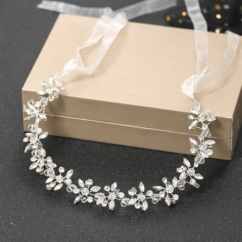 Miallo New Handmade Silver Bridal Braid Headband Rhinestone Hair Vine With Ribbon Wedding Dress Hair Accessories