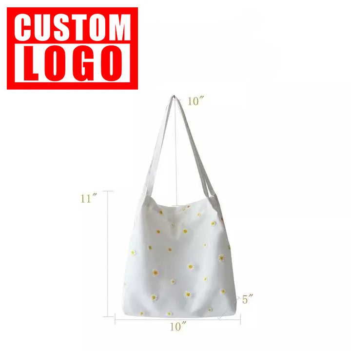 Custom Logo Factory Direct Custom Embroidery Medium Size Fashionable Shopping Cotton Daisy Tote Bag