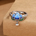 Trendy Retro Lucky Amulet Buddhist Resizable Brass Ring Vintage Cloisonne Enamel Lotus Ring for Women