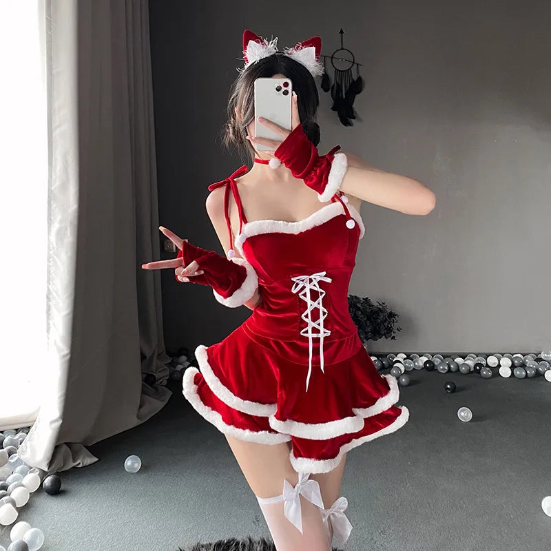 New Merry Christmas Snowman Dress Uniform Women Cloak Headband Dress Velvet Outfits Cosplay Costumes