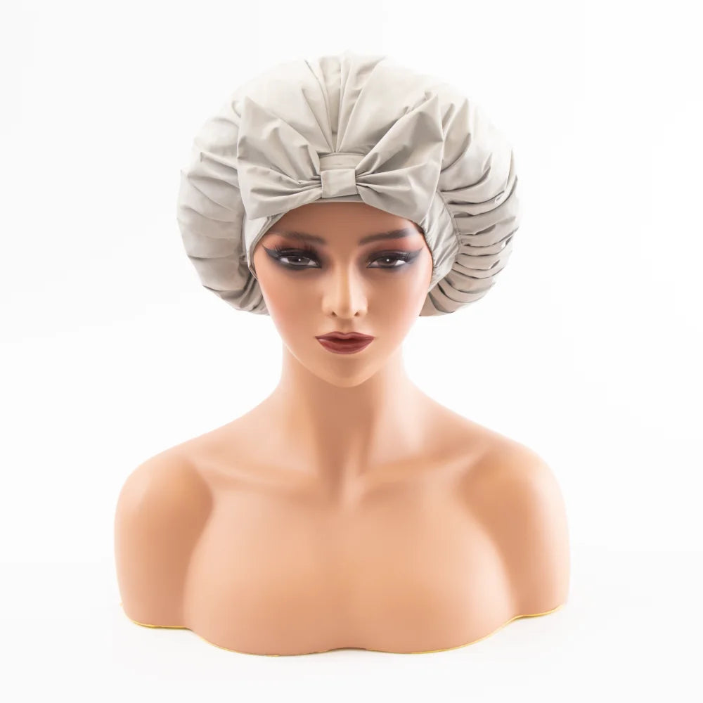 New Arrivals Pure White Hair Wraps Designer Shower Hat for Women Waterproof Bow Tie Shower Cap