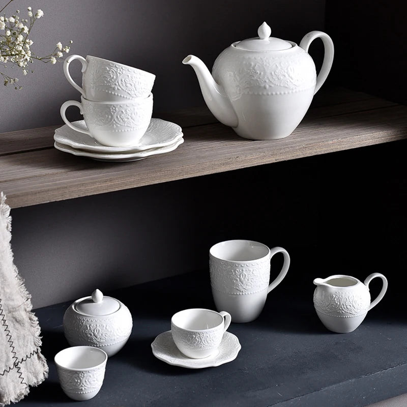 White Porcelain Ceramic Coffee Tea Pot Set Embossed Modern Style Coffee Cup with Saucer Set Ceramic Coffee Set