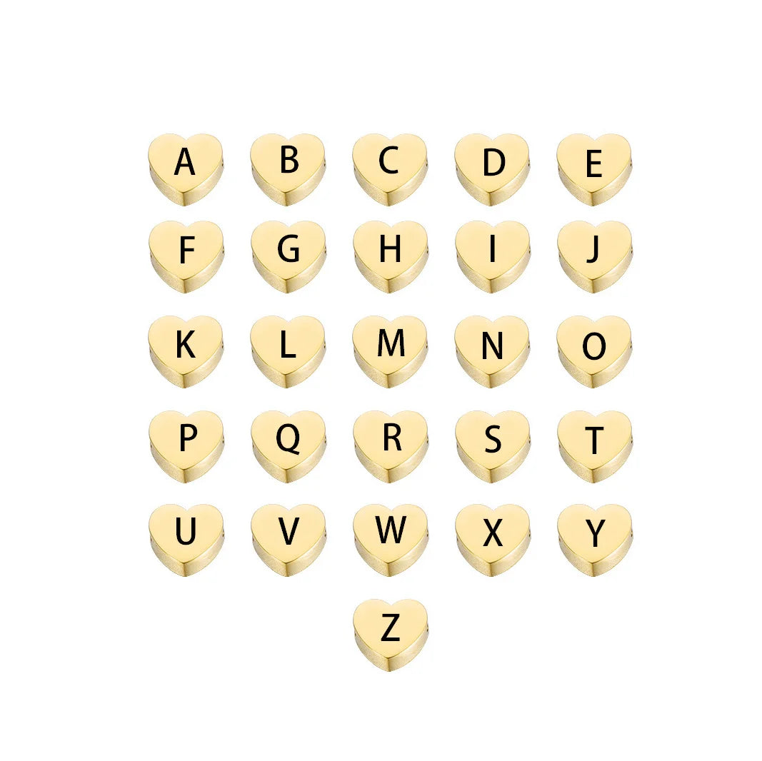 8mm PVD Gold Plated Small Initial Beads Stainless Steel Heart Shaped A-Z Alphabet Charm Beads for Jewellery Making