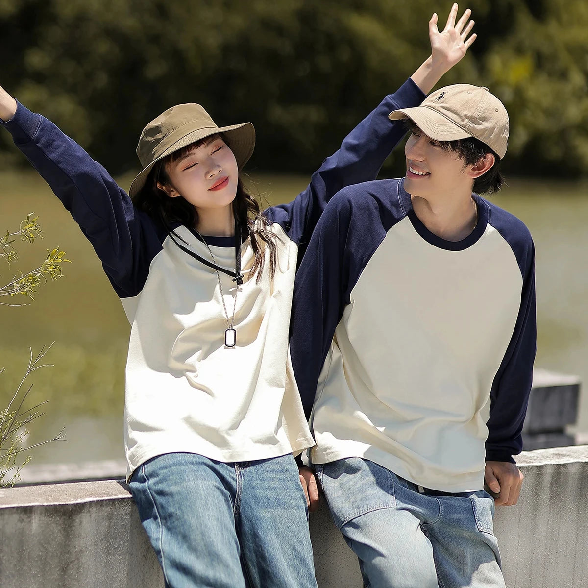 260gsm Wholesales Custom Color Block Unisex Raglan Sleeve 100% Cotton Long Sleeve T-shirts for Men