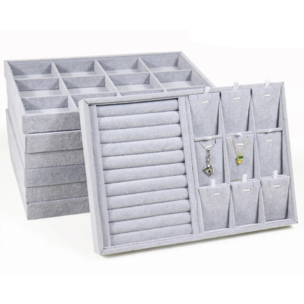 Wholesale Bulk 35x24x3cm Aesthetic Stackable Grey Velvet Jewelry Trays With Lid for Drawers Organizer