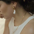 Hawaiian Barque Chunky Gold Plated Big Thick Hoops Large Freshwater Pearl Womens Hoop Pearl Earrings