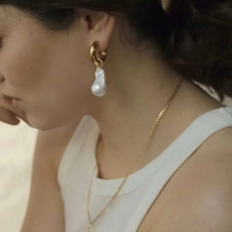 Hawaiian Barque Chunky Gold Plated Big Thick Hoops Large Freshwater Pearl Womens Hoop Pearl Earrings
