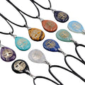 Life Tree Natural Gemstone Crystal Chakra Pendant Necklace Teardrop Star-Shaped Design for Yoga Healing Leather Rope Protection