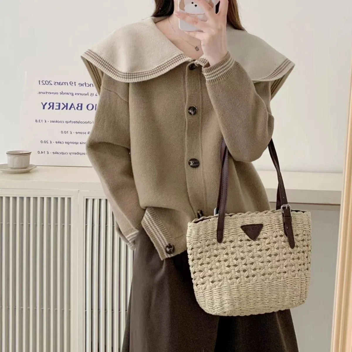 OEM/ODM Wholesale Academy Style Collar Knit Sweater Loose Single-breasted Cardigan Two-color Splicing Jacket Coat