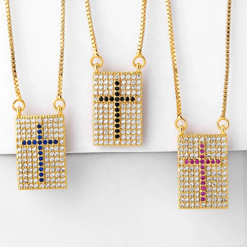 Fashion Shiny Zircon Cross Necklace Women Rectangle Charm Pendant Jewelry