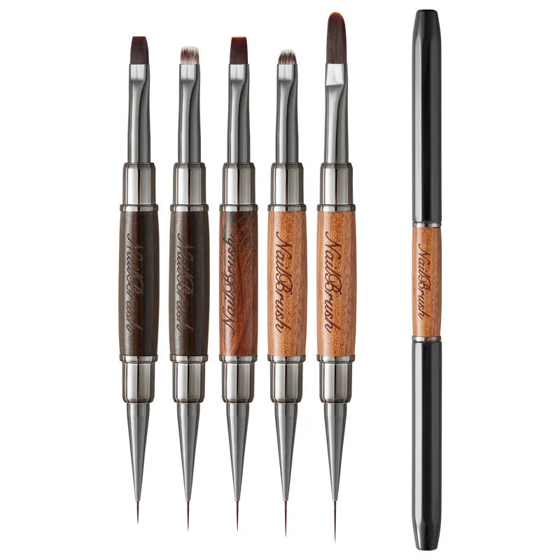 Double Head Construction Nail Brush Extended Sandalwood Handle Light Therapy Brush Nail Art Liner Drawing Painting Pen