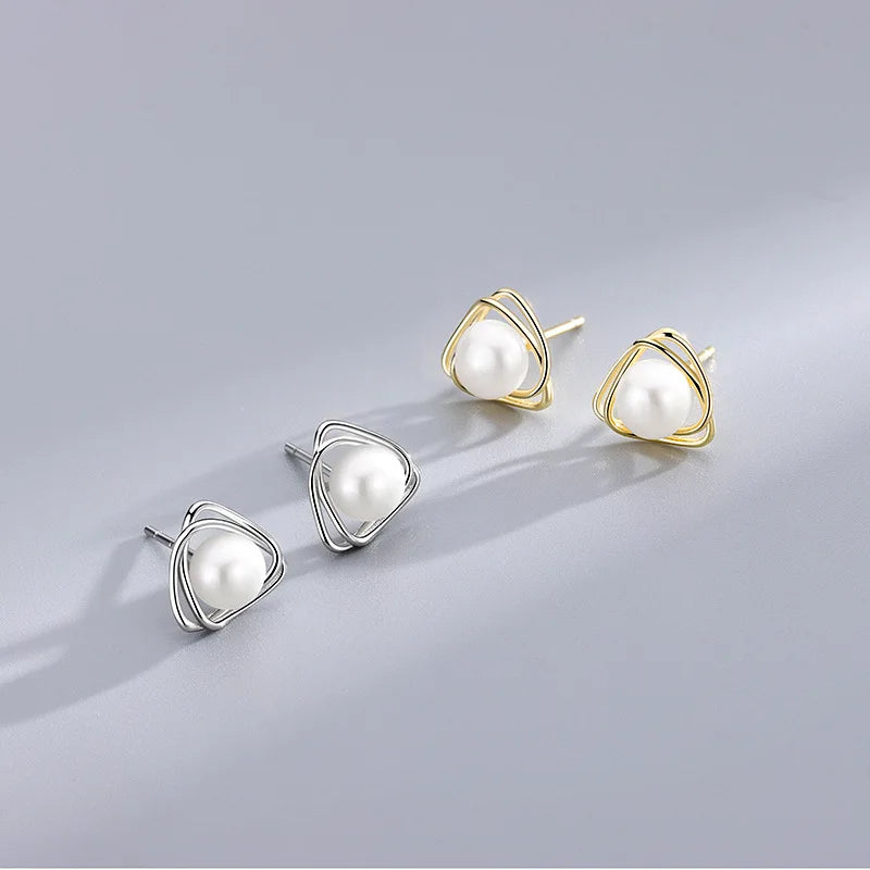 Simple Design Hollow Out Double Layer S925 Silver Triangle Freshwater Pearl Stud Earrings for Women