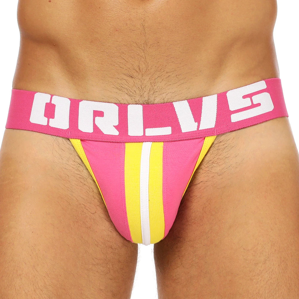Men's Sexy T-Back Panties with Breathable Knitted Fabric Striped Print Fashion Style Featuring Waist Logo