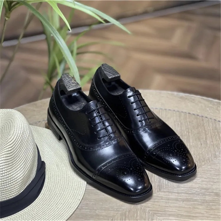 Men's Derby Shoes Luxury Retro Wedding Formal with Pointed Toe Breathable Genuine Leather Lightweight for Autumn Seasons