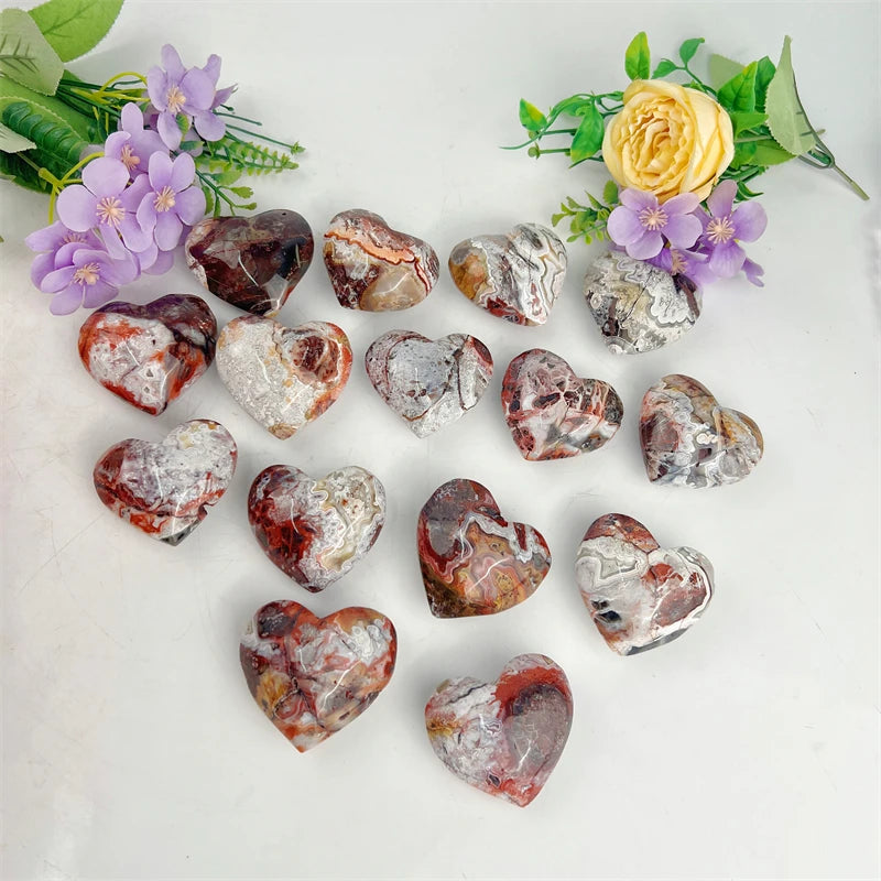 Polished Mexican Agate Heart Palm Stone Natural Crystal Palm Stone Smooth for Healing