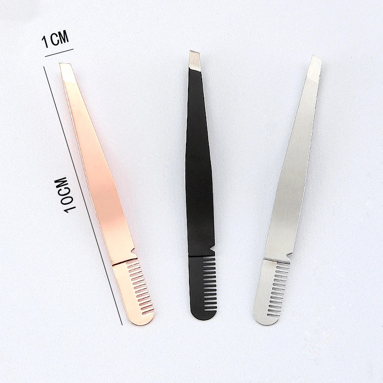 New Custom logo Double End Black Silver Rose Gold Eyebrow Tweezers with Comb Eyebrow Clip