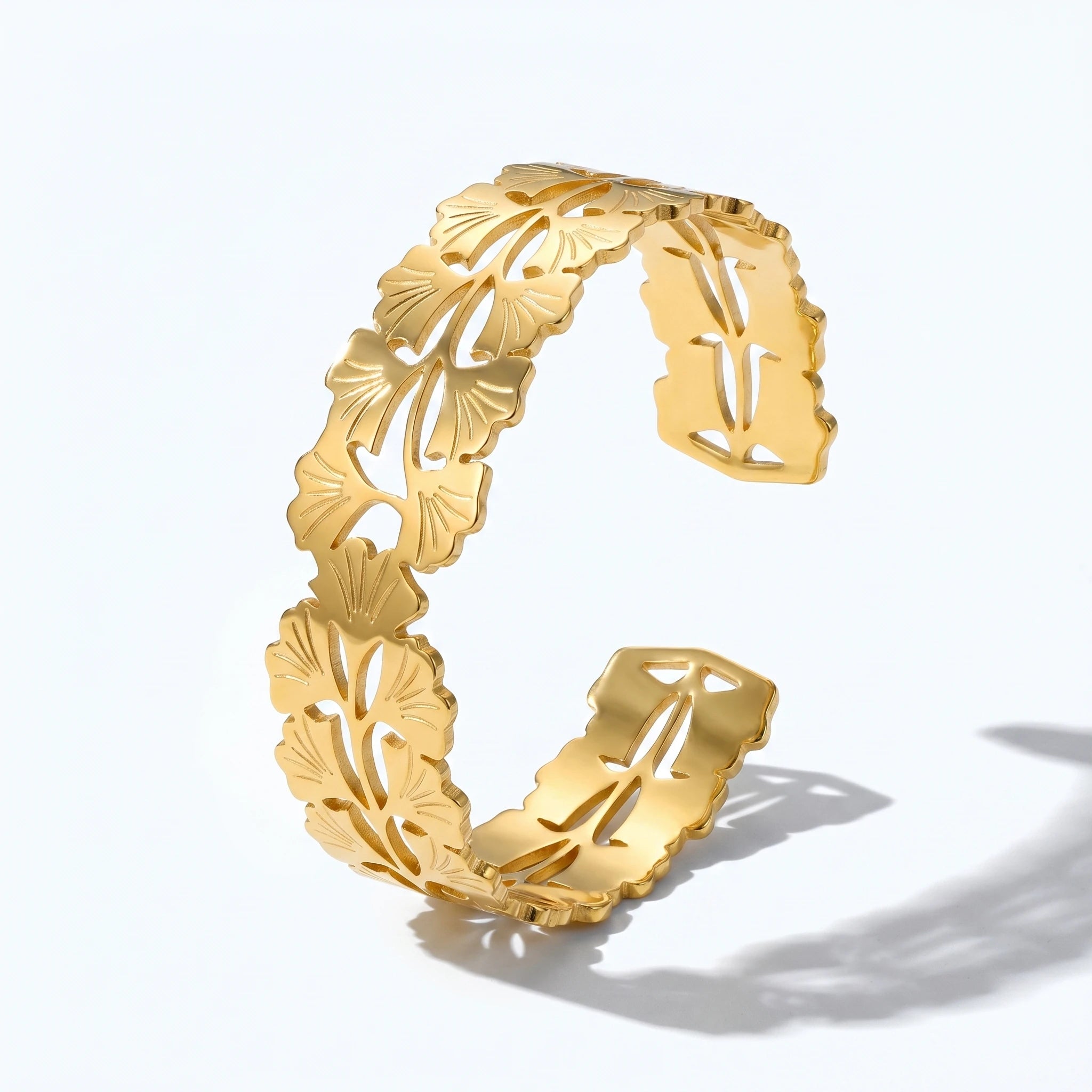 QIAOREN 12719 18K Gold Hollow Cutout Linked Ginkgo Leaf Wide Open Cuff Bracelet Stainless Steel Adjustable Nature Wrist Jewelry